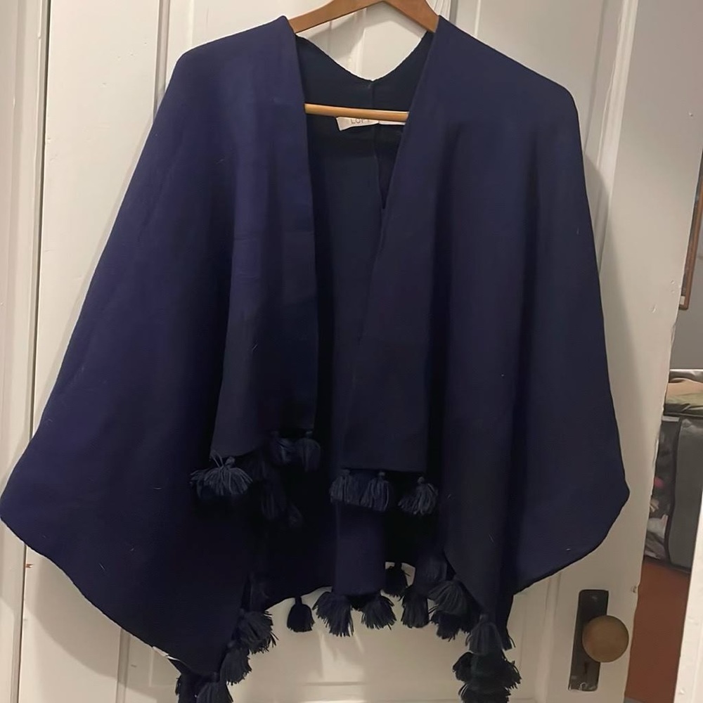 Ann Taylor LOFT Navy Shawl with Pom Poms